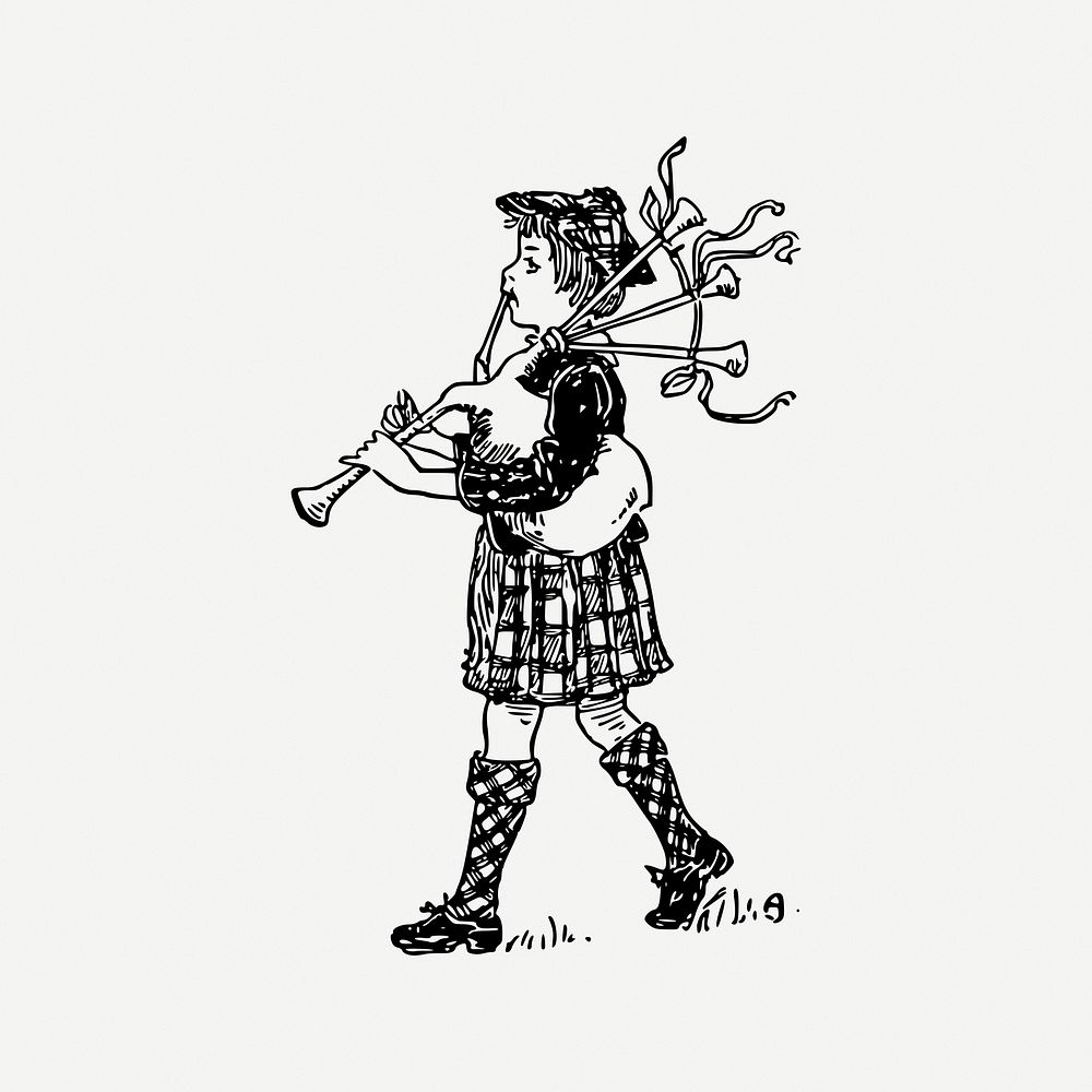 Bagpipes boy clipart, vintage music illustration psd. Free public domain CC0 image.