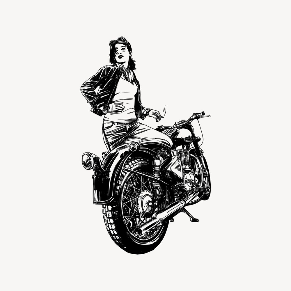 Woman biker drawing, vintage transportation illustration vector. Free public domain CC0 image.
