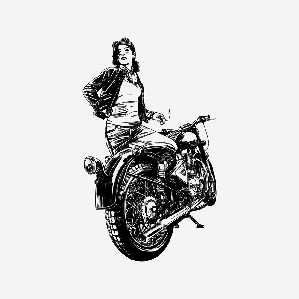 Woman biker vintage transportation illustration. Free public domain CC0 image.