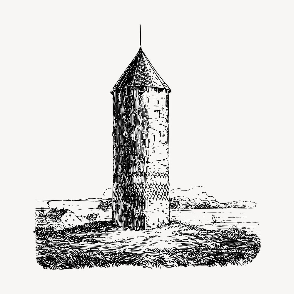 Fort tower clipart, vintage hand drawn vector. Free public domain CC0 image.