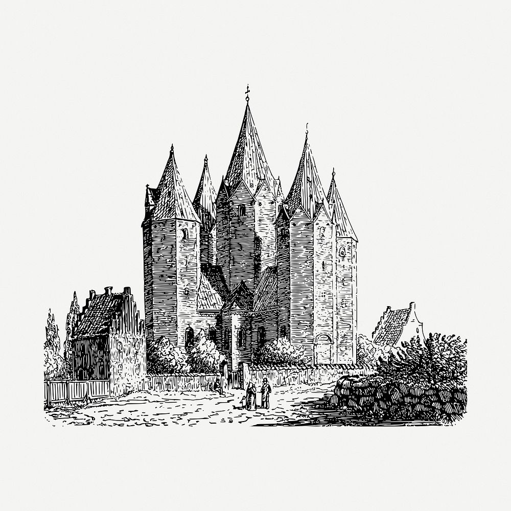 Kallundborg church drawing, vintage illustration psd. Free public domain CC0 image.