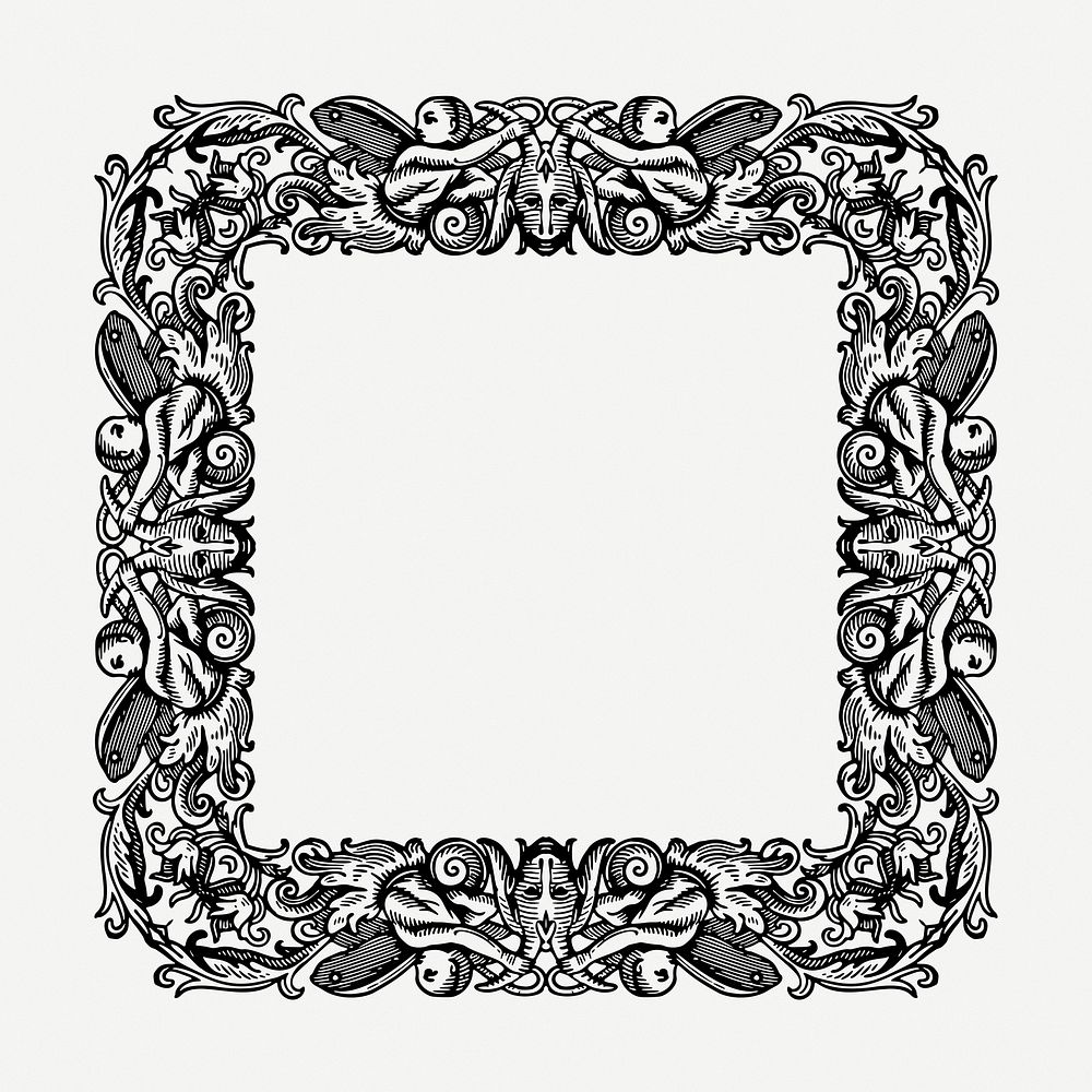 Ornamental border frame drawing, vintage illustration psd. Free public domain CC0 image.