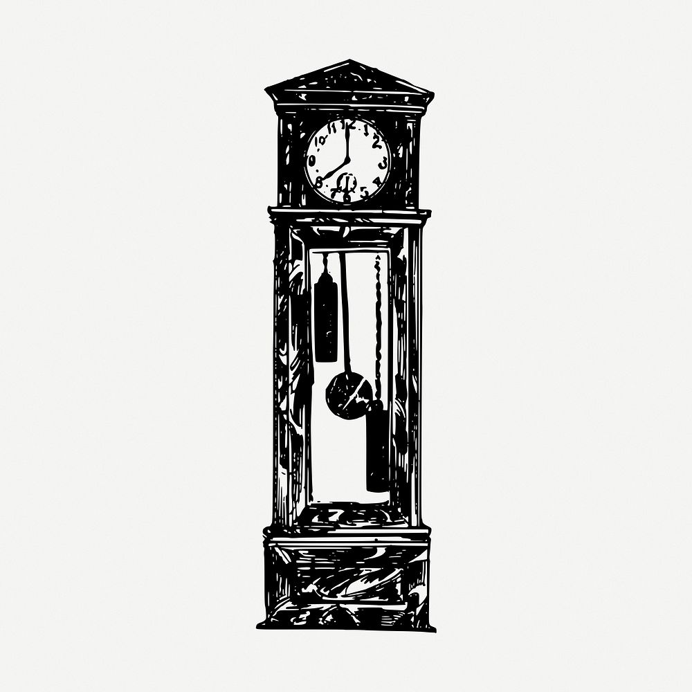Grandfather clock  drawing, vintage illustration psd. Free public domain CC0 image.