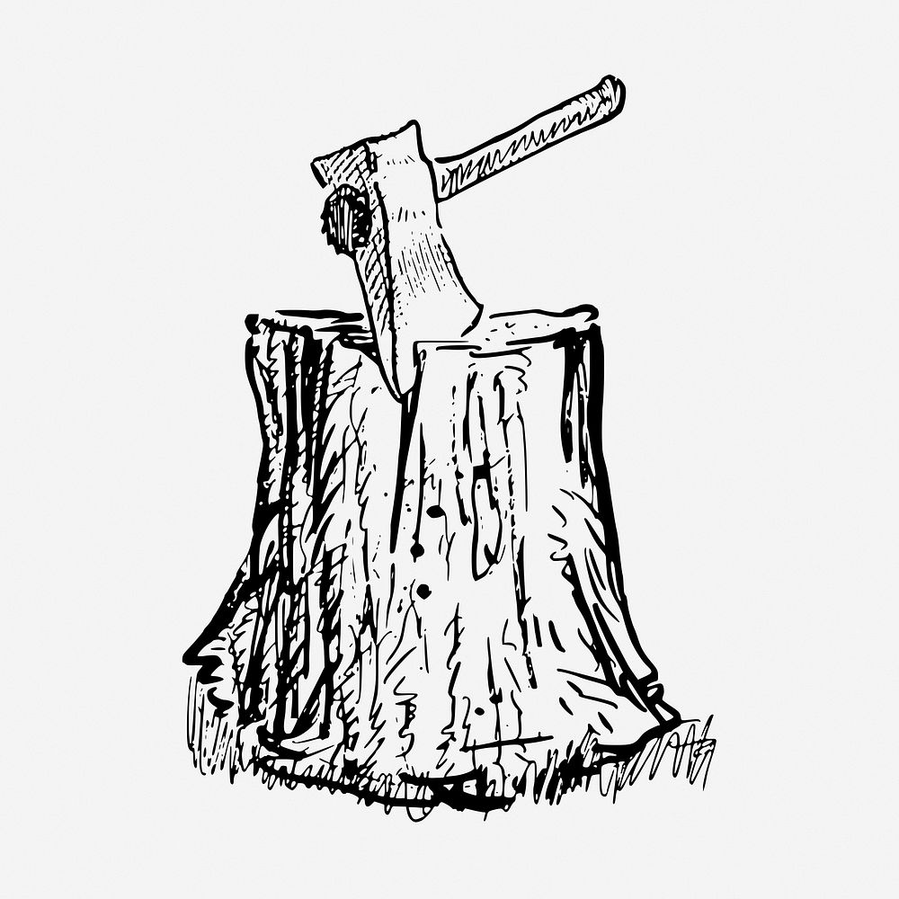 Axe in log vintage illustration. Free public domain CC0 image.