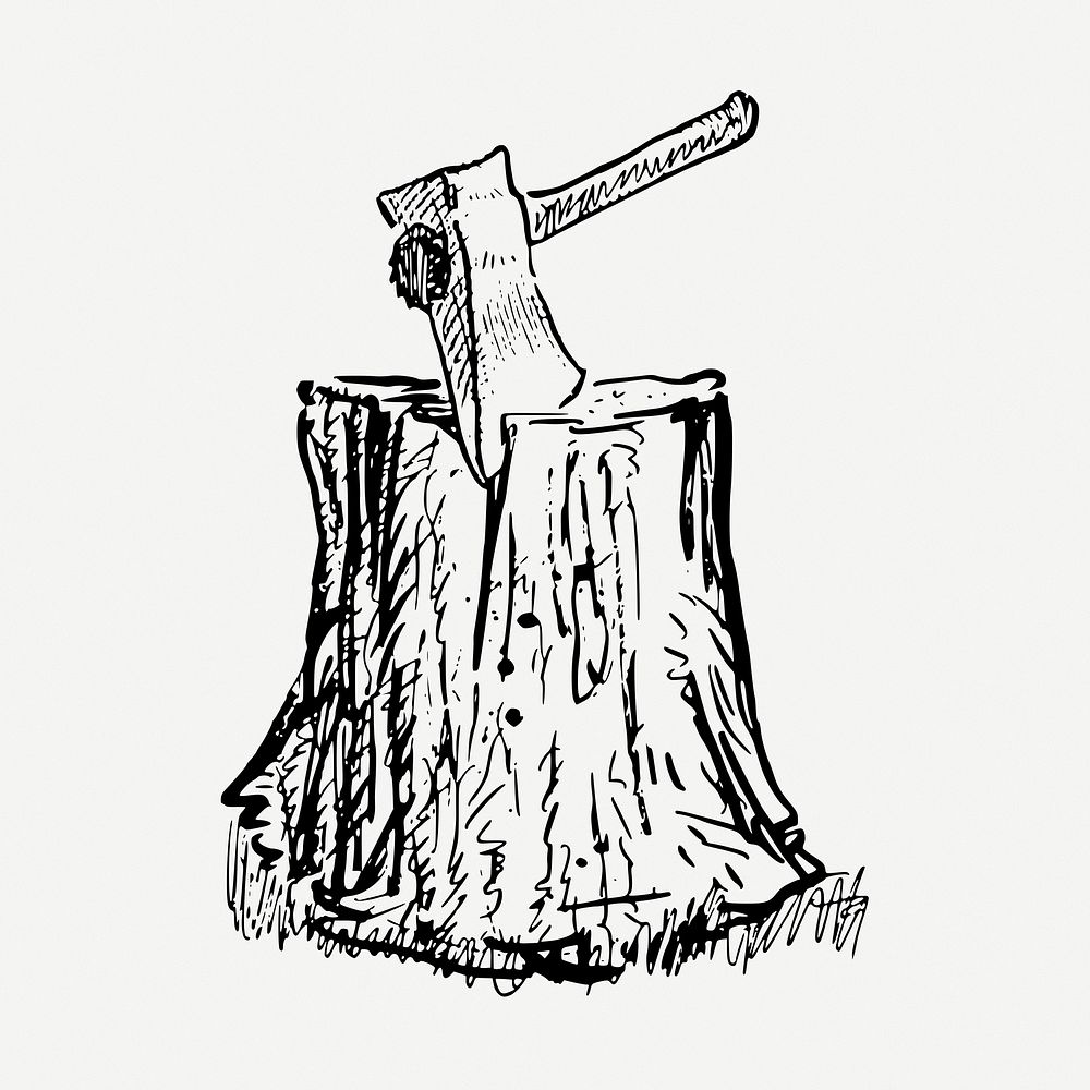 Axe in log drawing, vintage illustration psd. Free public domain CC0 image.