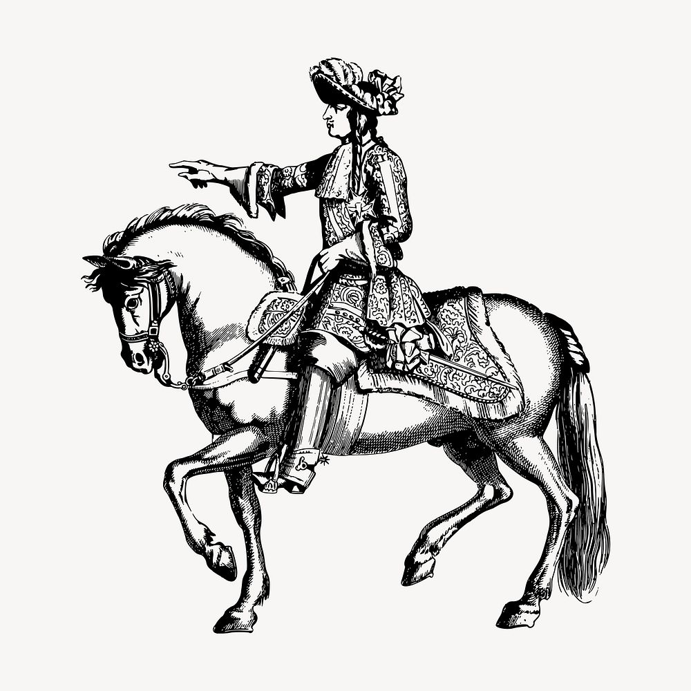 King on horse clipart, vintage hand drawn vector. Free public domain CC0 image.