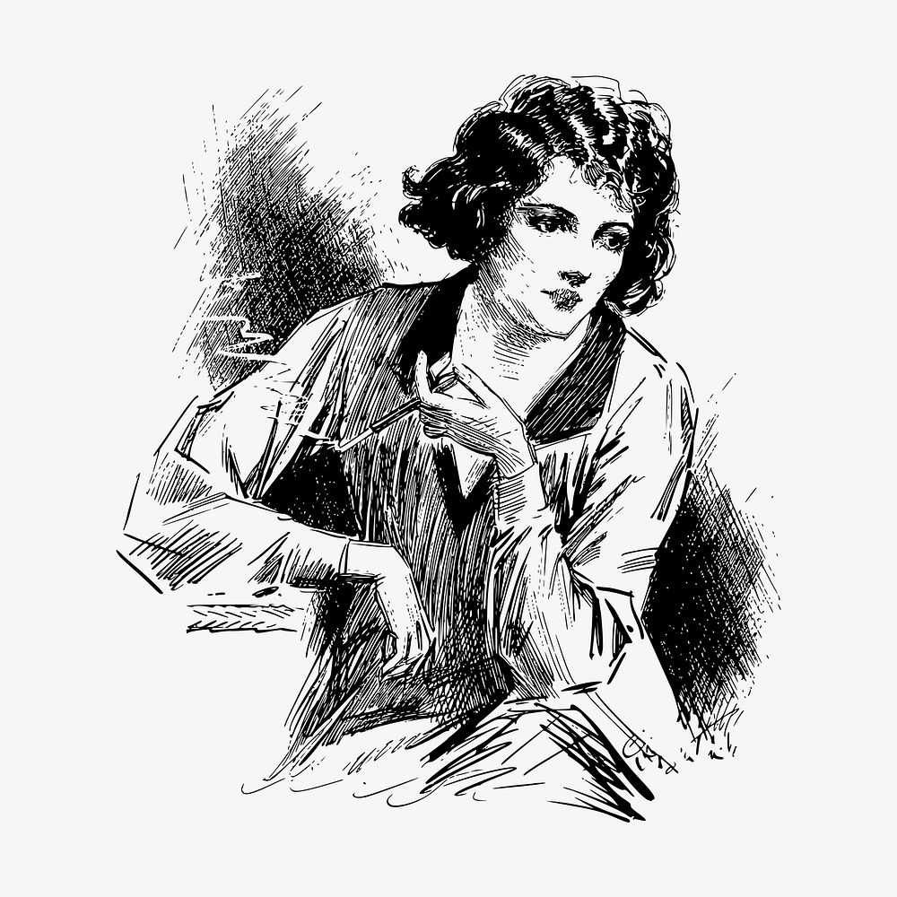 Classic lady smoking clipart, vintage hand drawn vector. Free public domain CC0 image.