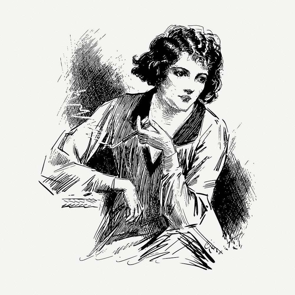 Classic lady smoking drawing, vintage illustration psd. Free public domain CC0 image.