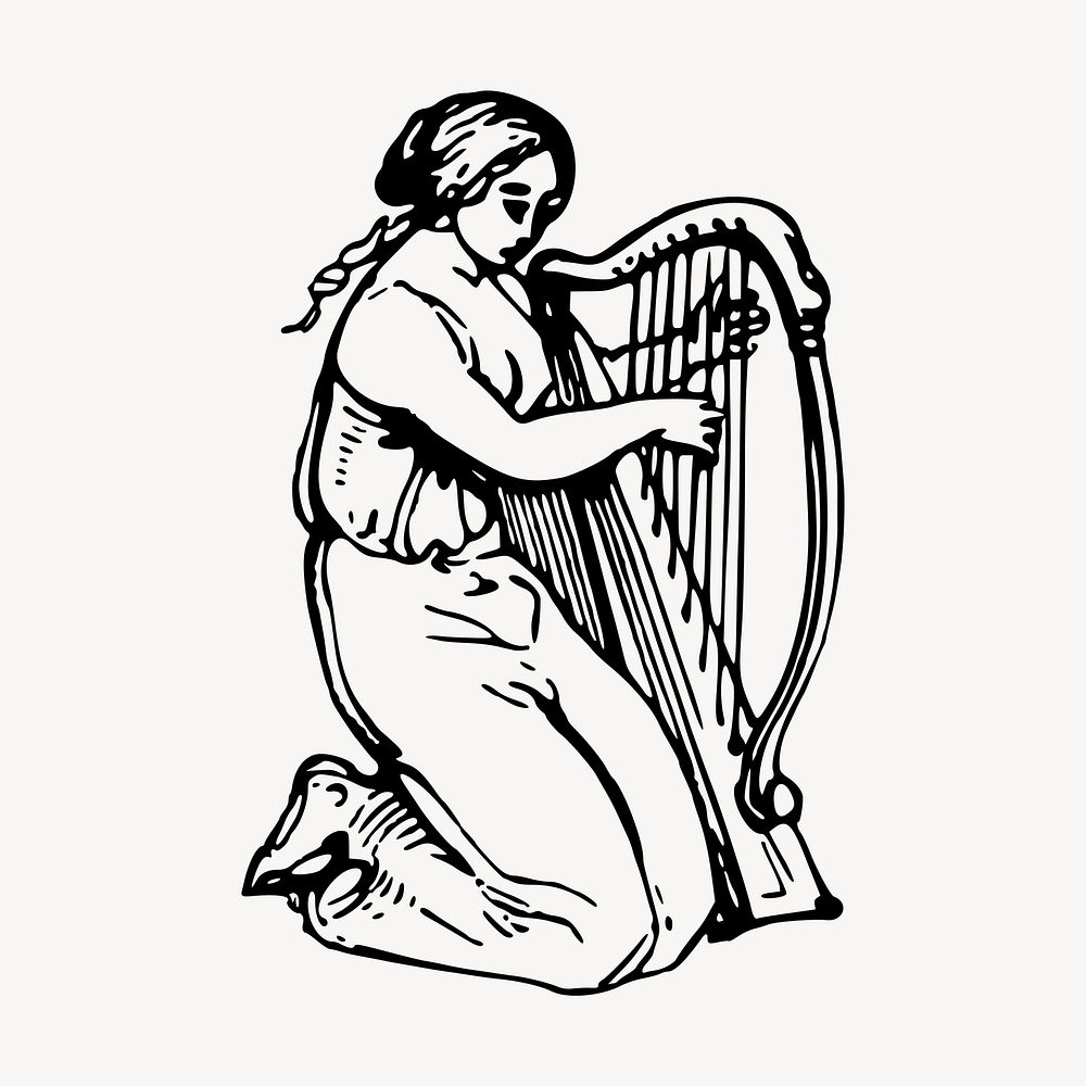 Woman playing harp clipart, vintage hand drawn vector. Free public domain CC0 image.