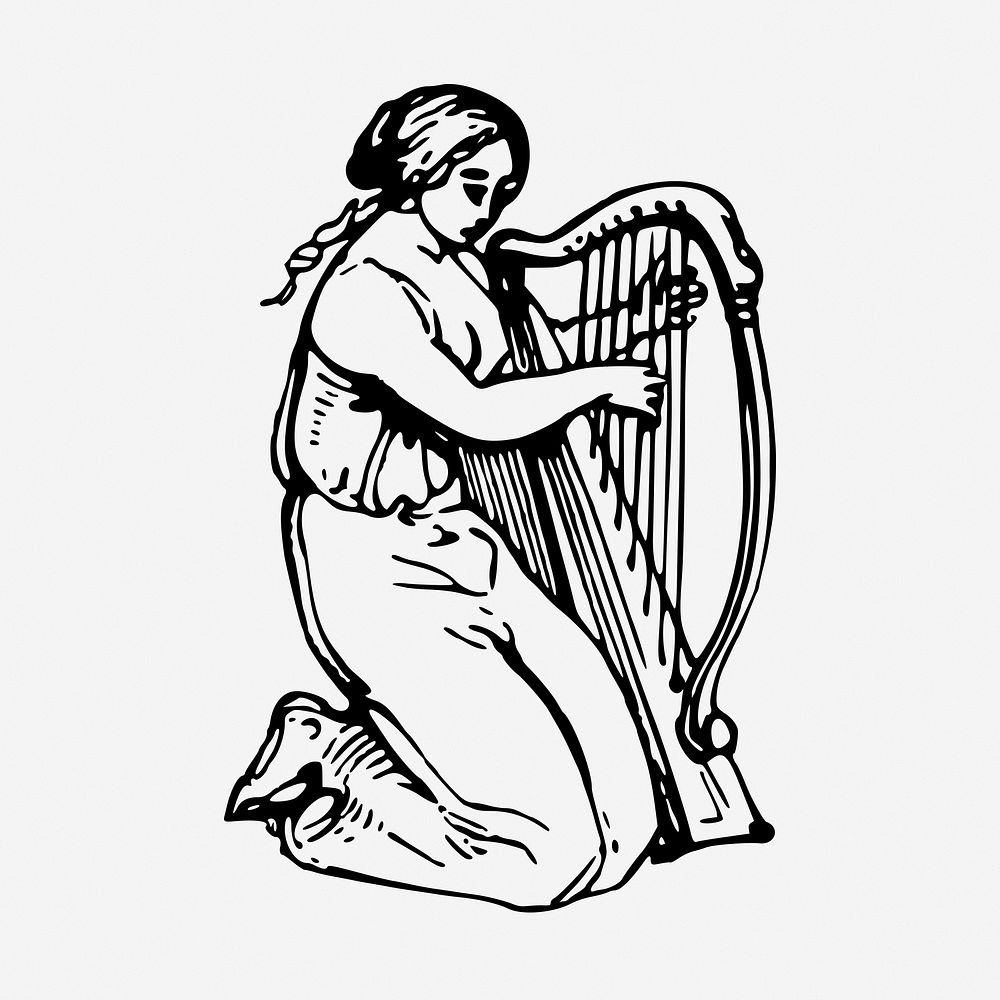 Woman playing harp vintage illustration. Free public domain CC0 image.
