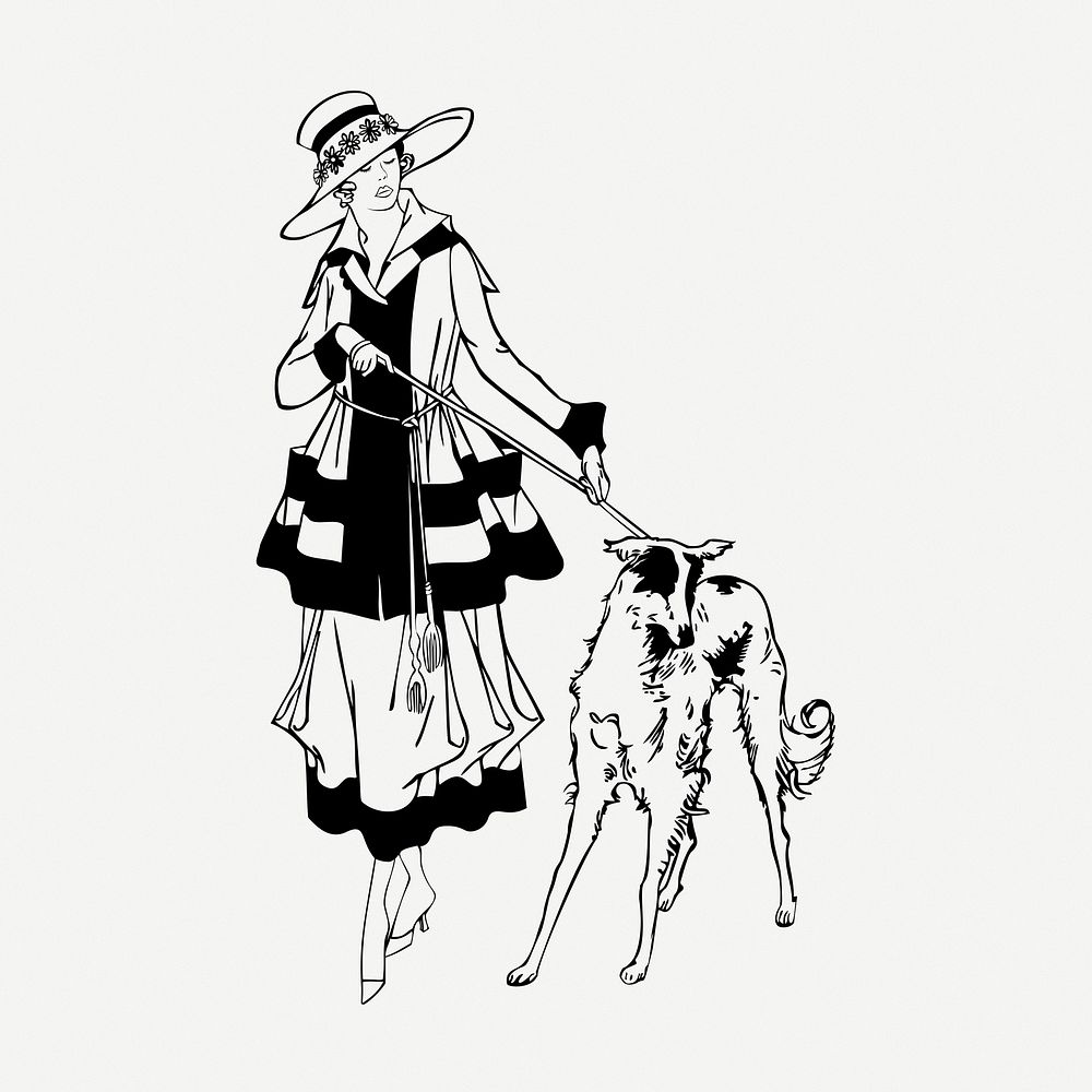 Lady walking dog drawing, vintage illustration psd. Free public domain CC0 image.