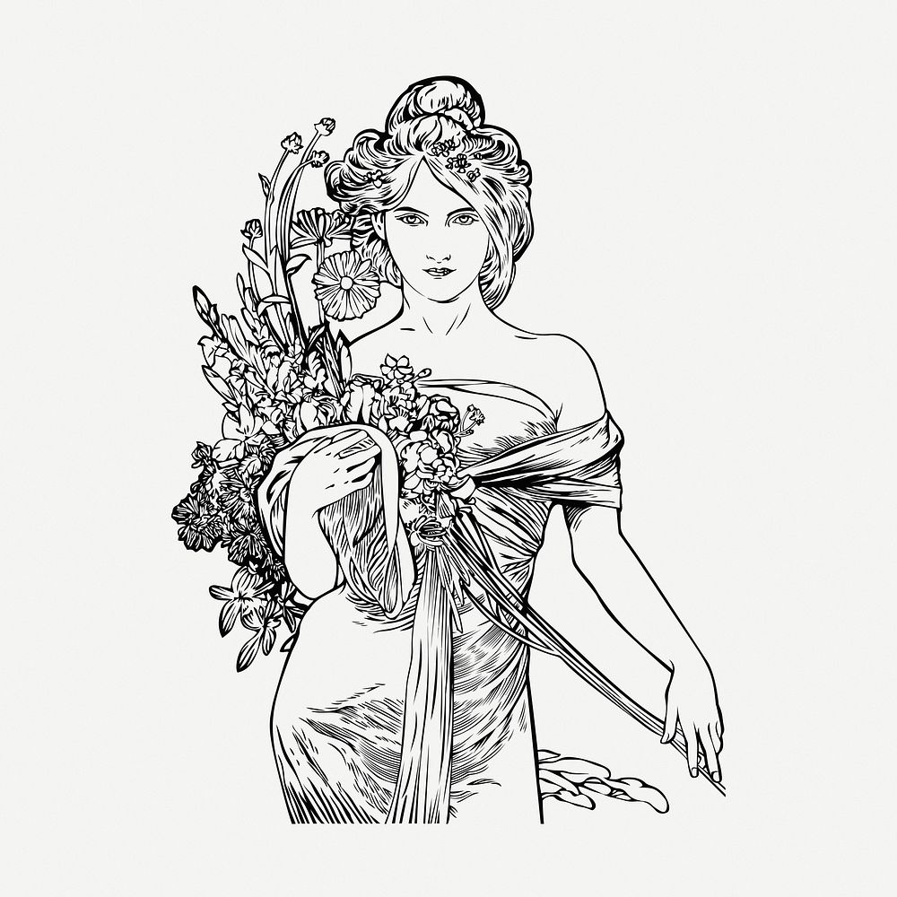 Flower woman drawing, vintage illustration psd. Free public domain CC0 image.