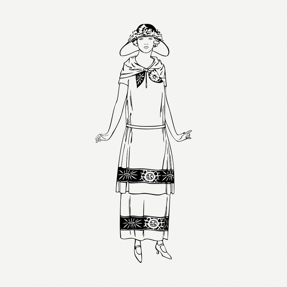 Flapper lady fashion drawing, vintage illustration psd. Free public domain CC0 image.