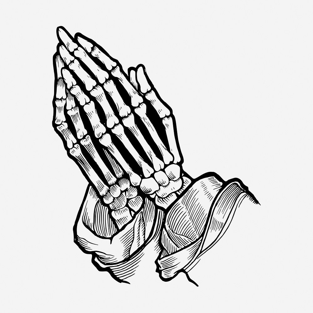 Praying skeleton hands vintage illustration. Free public domain CC0 image.