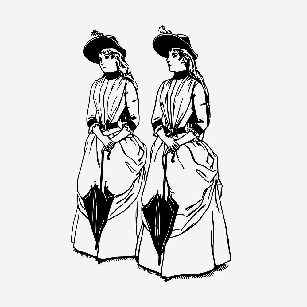 Women with umbrellas vintage illustration. Free public domain CC0 image.