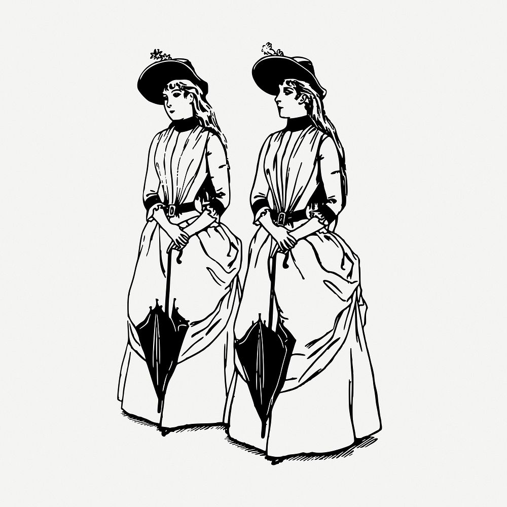 Women with umbrellas  drawing, vintage illustration psd. Free public domain CC0 image.