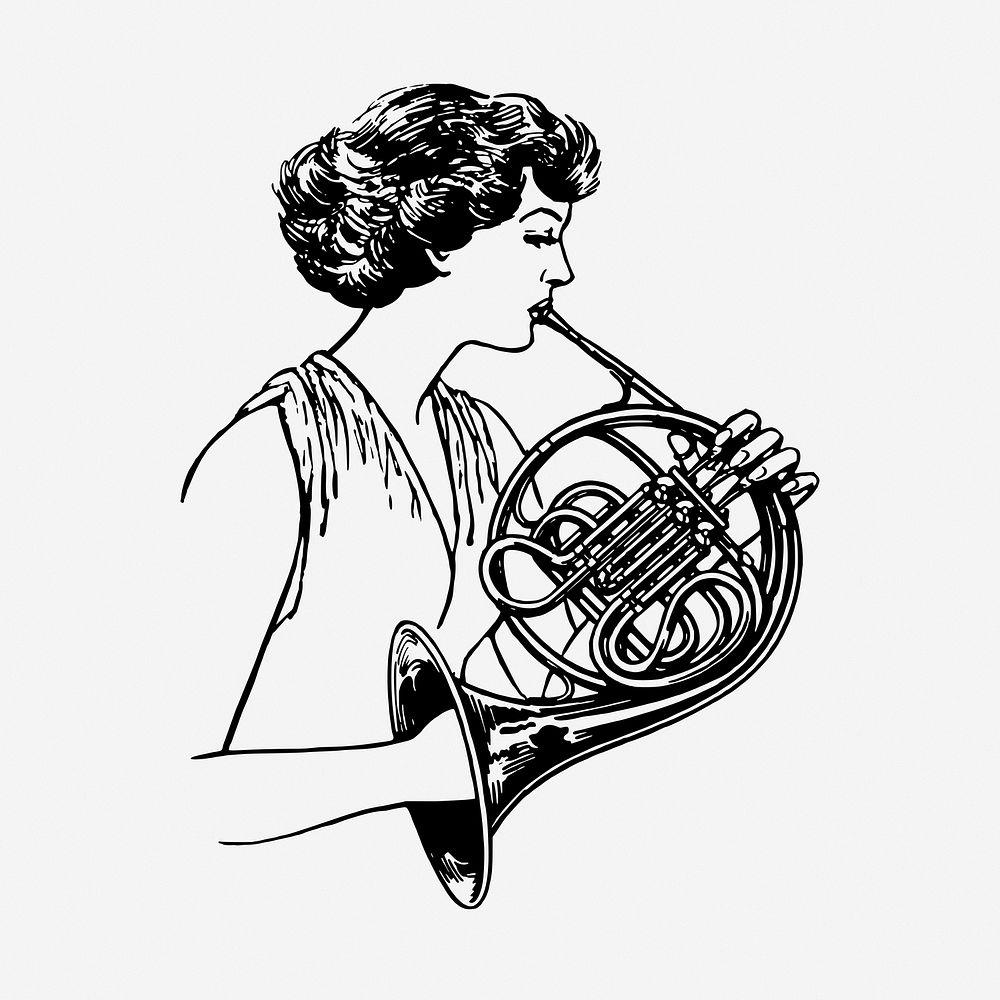 French horn instrument vintage illustration. Free public domain CC0 image.