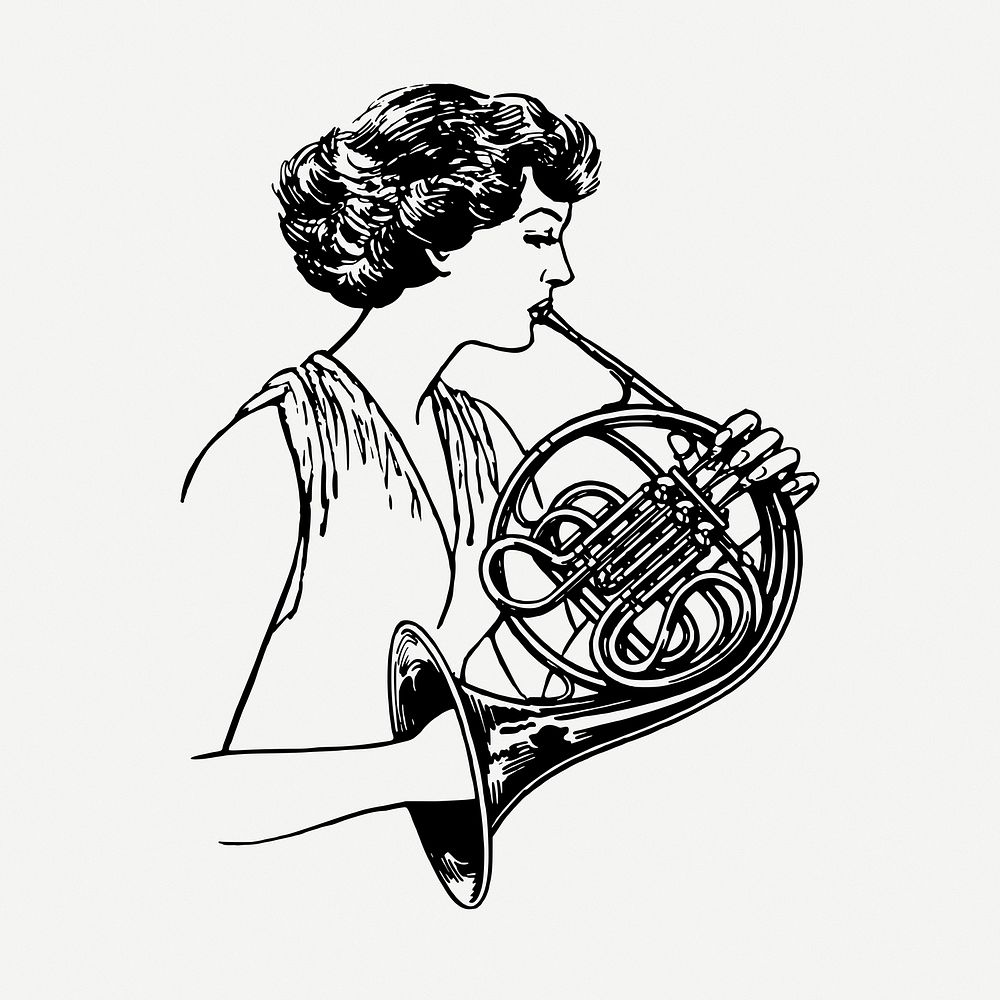 French horn instrument drawing, vintage illustration psd. Free public domain CC0 image.