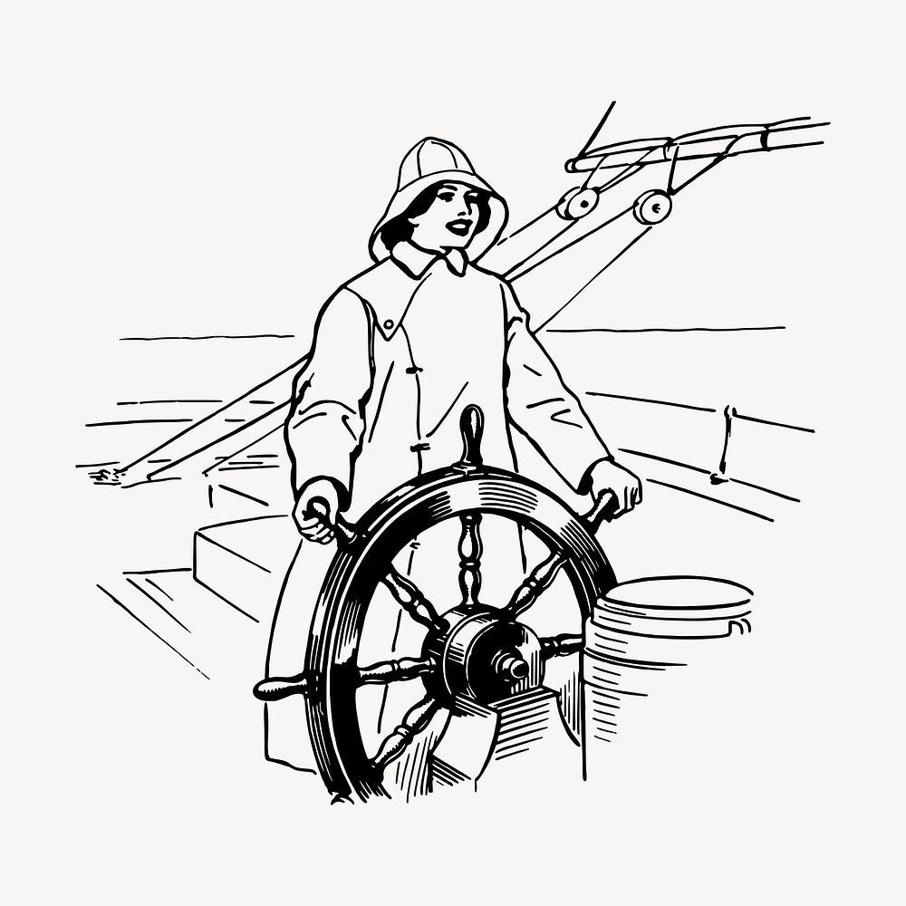 Woman at helm clipart, vintage hand drawn vector. Free public domain CC0 image.