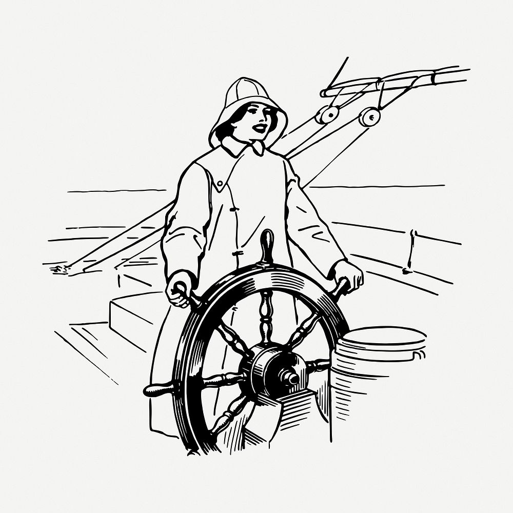 Woman at helm drawing, vintage illustration psd. Free public domain CC0 image.