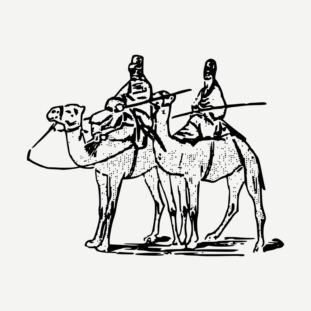 Camel ride drawing, vintage illustration psd. Free public domain CC0 image.