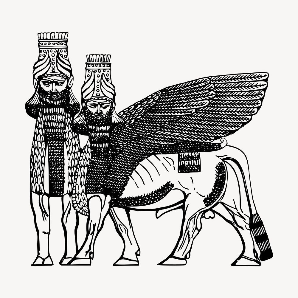 Assyrian winged bull clipart, vintage hand drawn vector. Free public domain CC0 image.