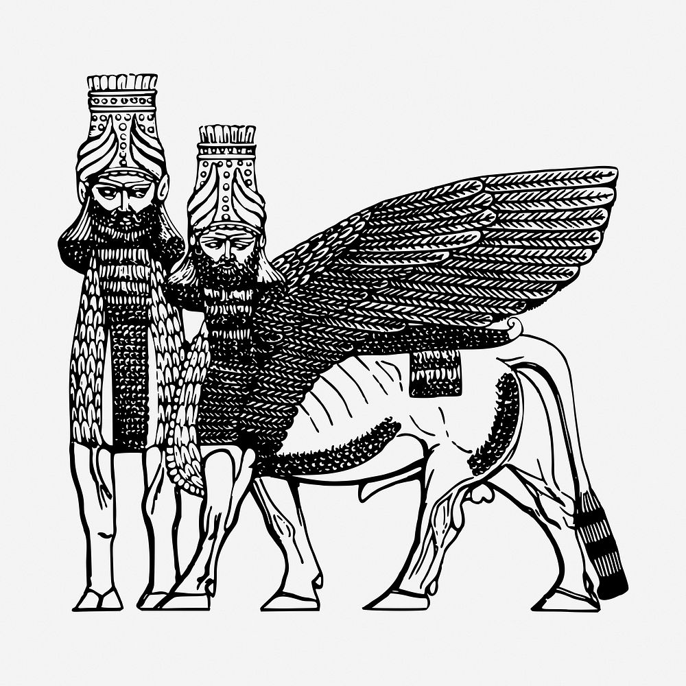Assyrian winged bull vintage illustration. Free public domain CC0 image.