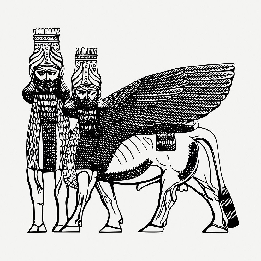 Assyrian winged bull drawing, vintage illustration psd. Free public domain CC0 image.