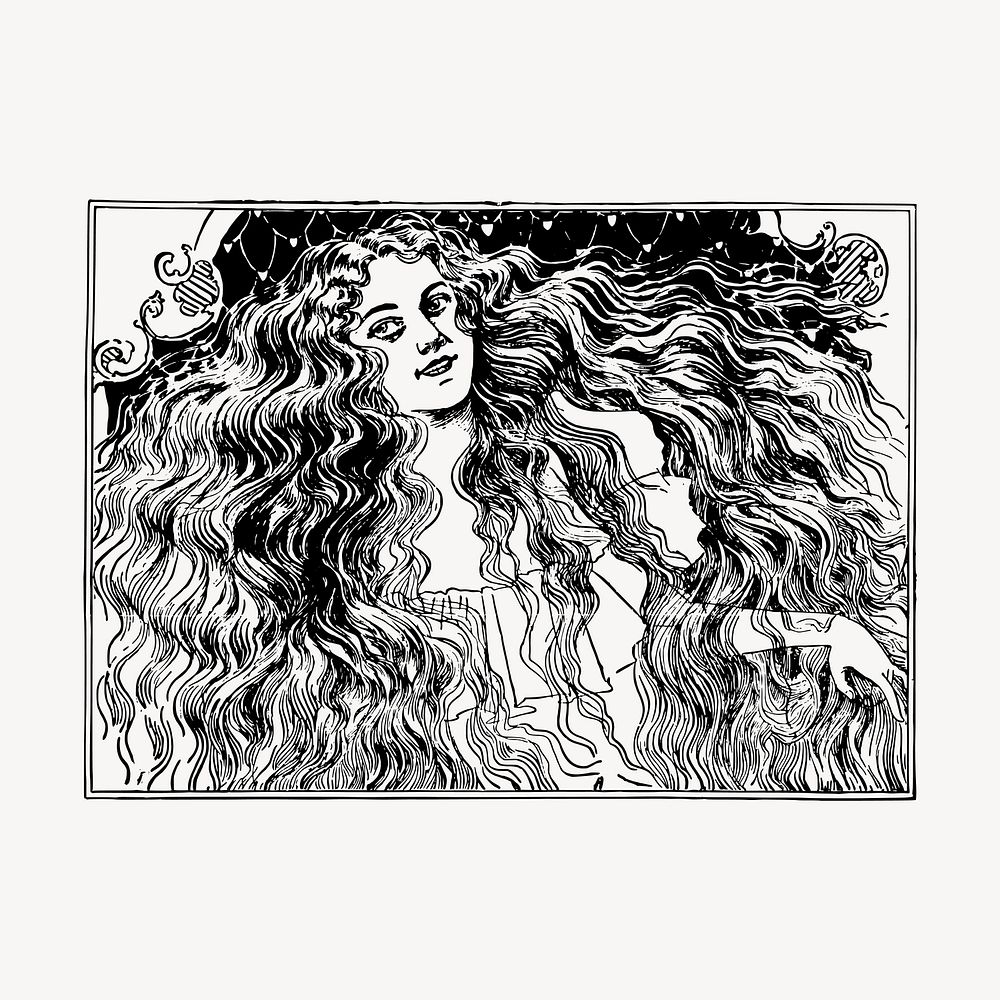 Long beautiful hair clipart, vintage hand drawn vector. Free public domain CC0 image.