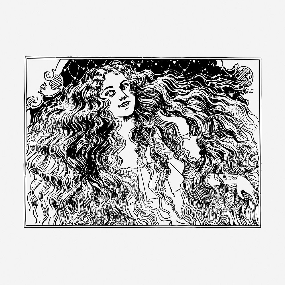 Long beautiful hair vintage illustration. Free public domain CC0 image.