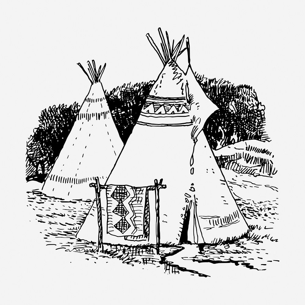 Native American teepee vintage illustration. Free public domain CC0 image.