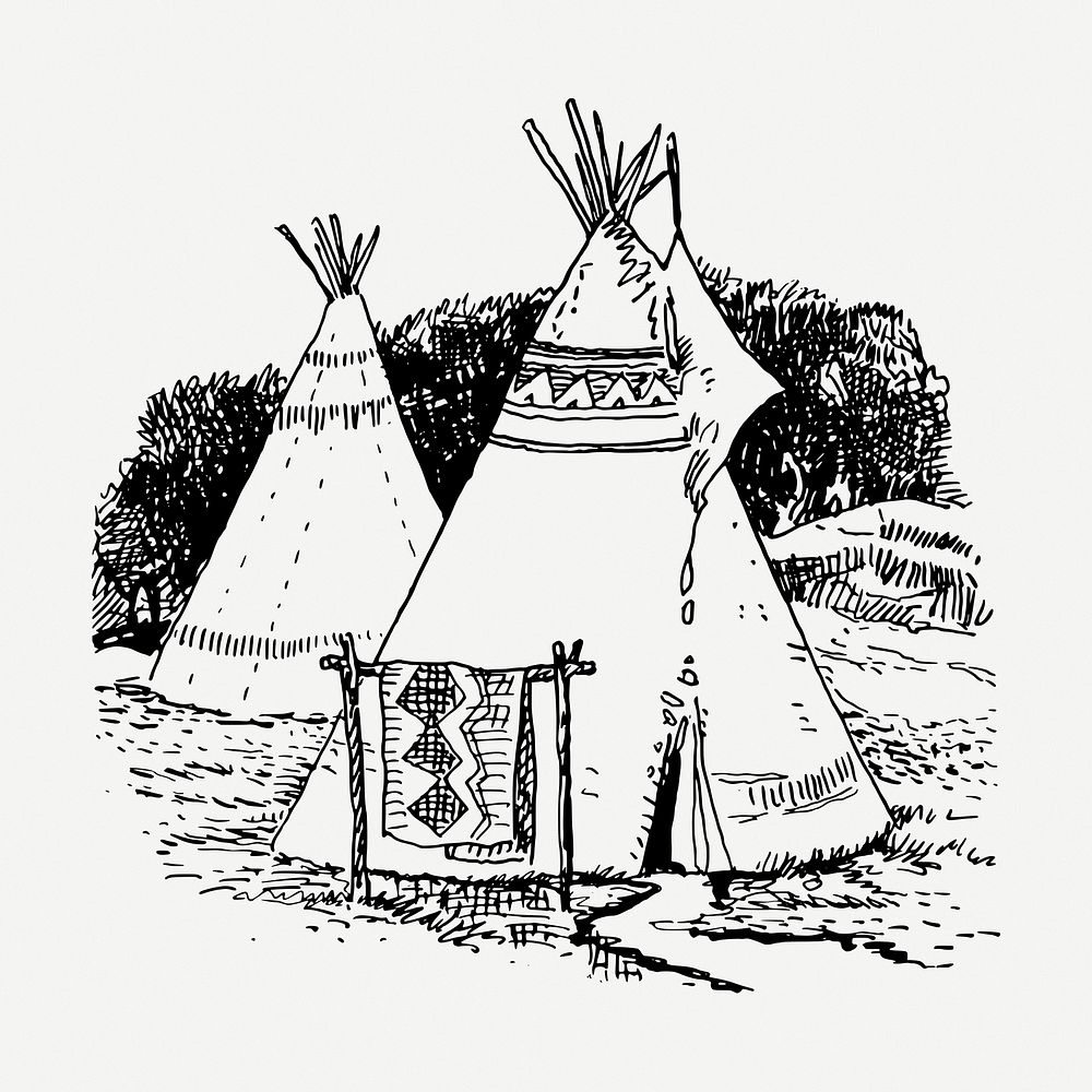 Native American teepee drawing, vintage illustration psd. Free public domain CC0 image.