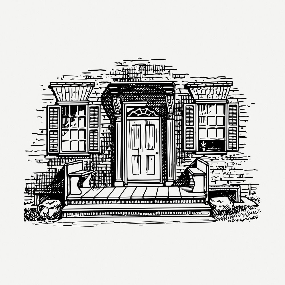 Cottage entrance drawing, vintage illustration psd. Free public domain CC0 image.