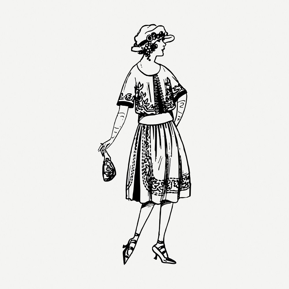 Retro women's fashion drawing, vintage illustration psd. Free public domain CC0 image.