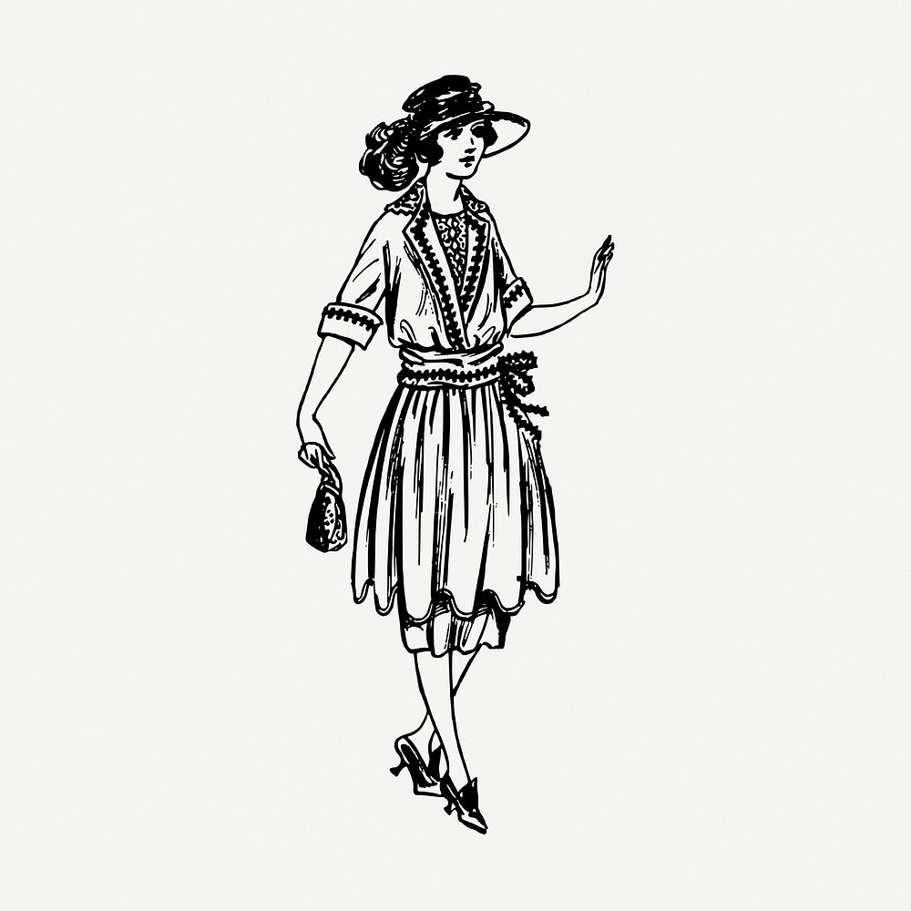 Flapper fashion drawing, vintage illustration psd. Free public domain CC0 image.