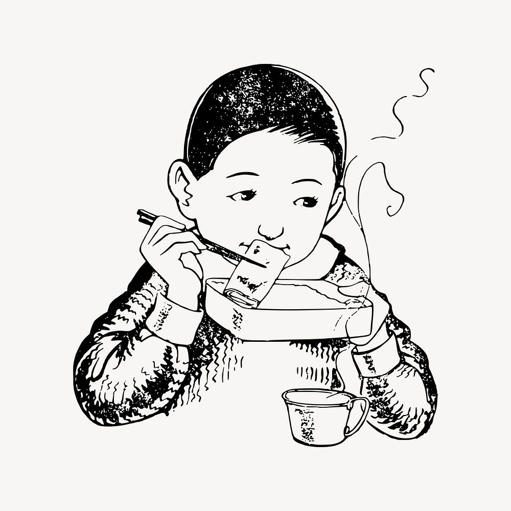 Kid eating lunch clipart, drawing illustration vector. Free public domain CC0 image.