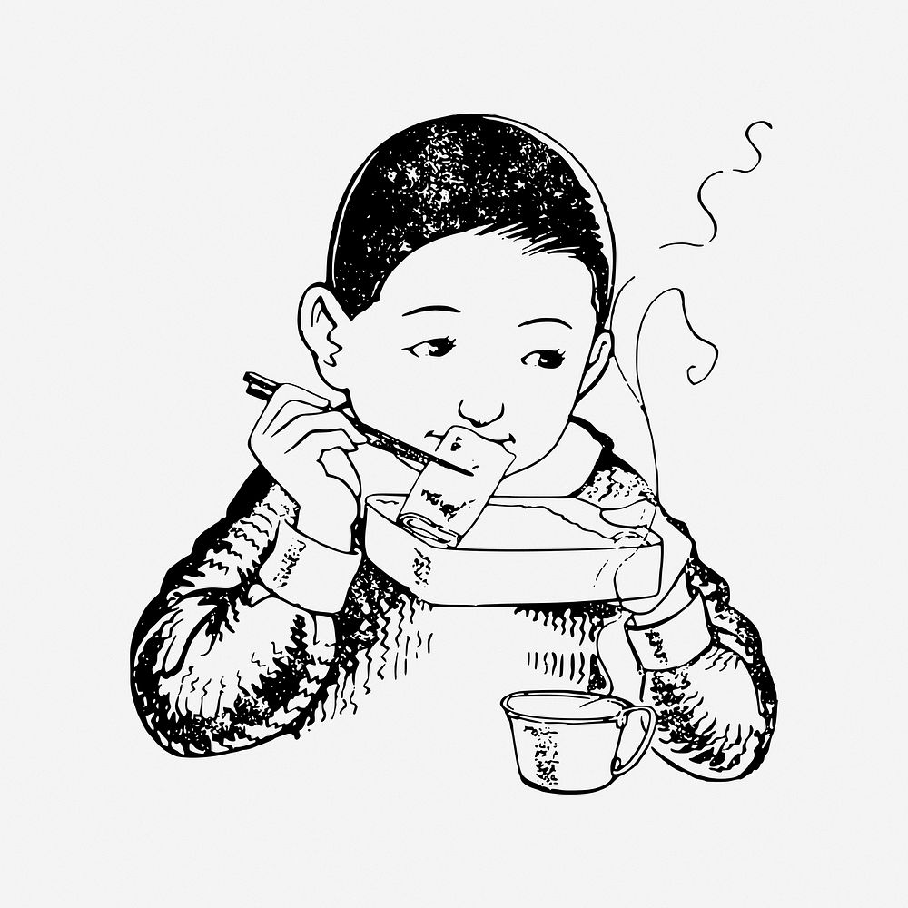 Kid eating lunch, drawing illustration. Free public domain CC0 image.