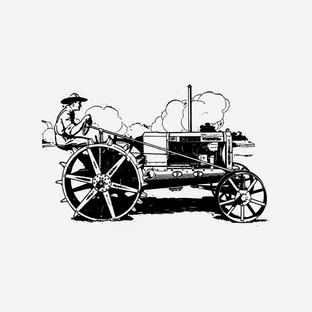 Old tractor, drawing illustration. Free public domain CC0 image.