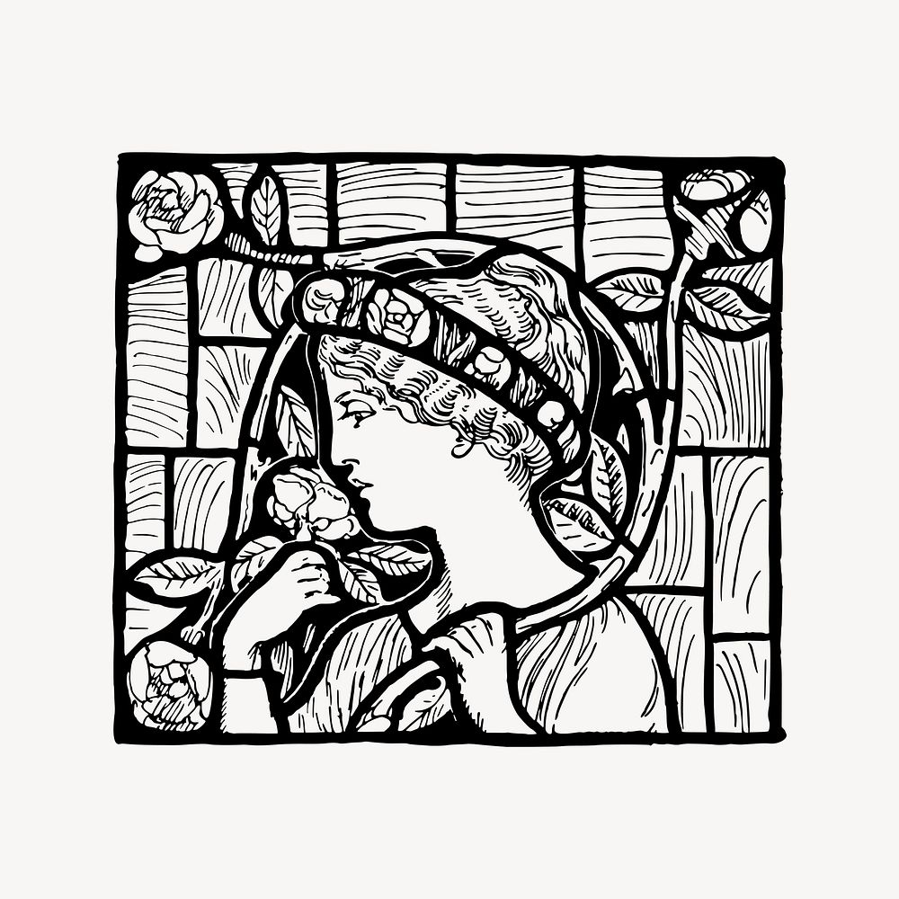 Woman sniffing rose clipart, drawing illustration vector. Free public domain CC0 image.