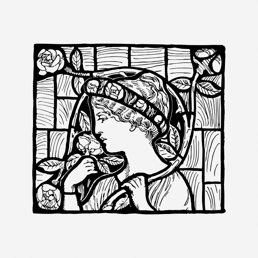 Woman sniffing rose, drawing illustration. Free public domain CC0 image.