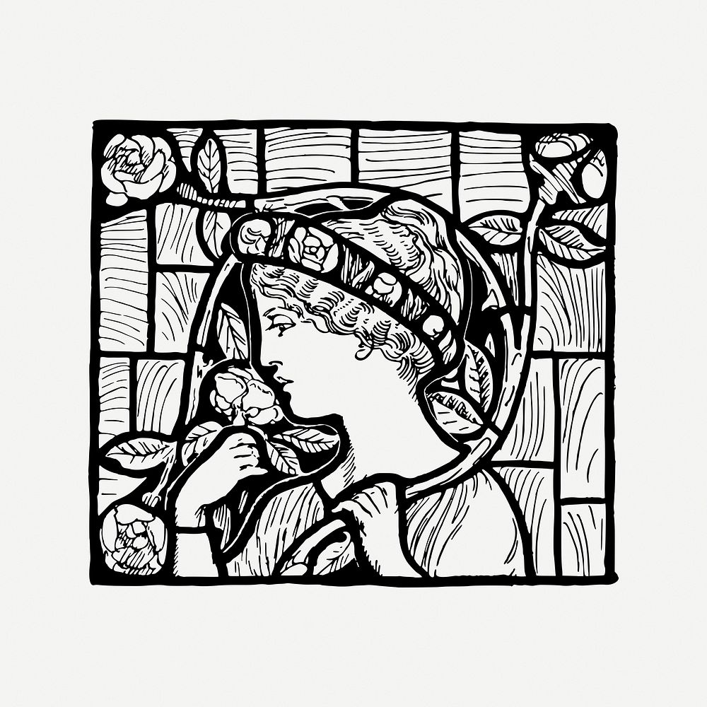 Woman sniffing rose collage element, vintage illustration psd. Free public domain CC0 image.