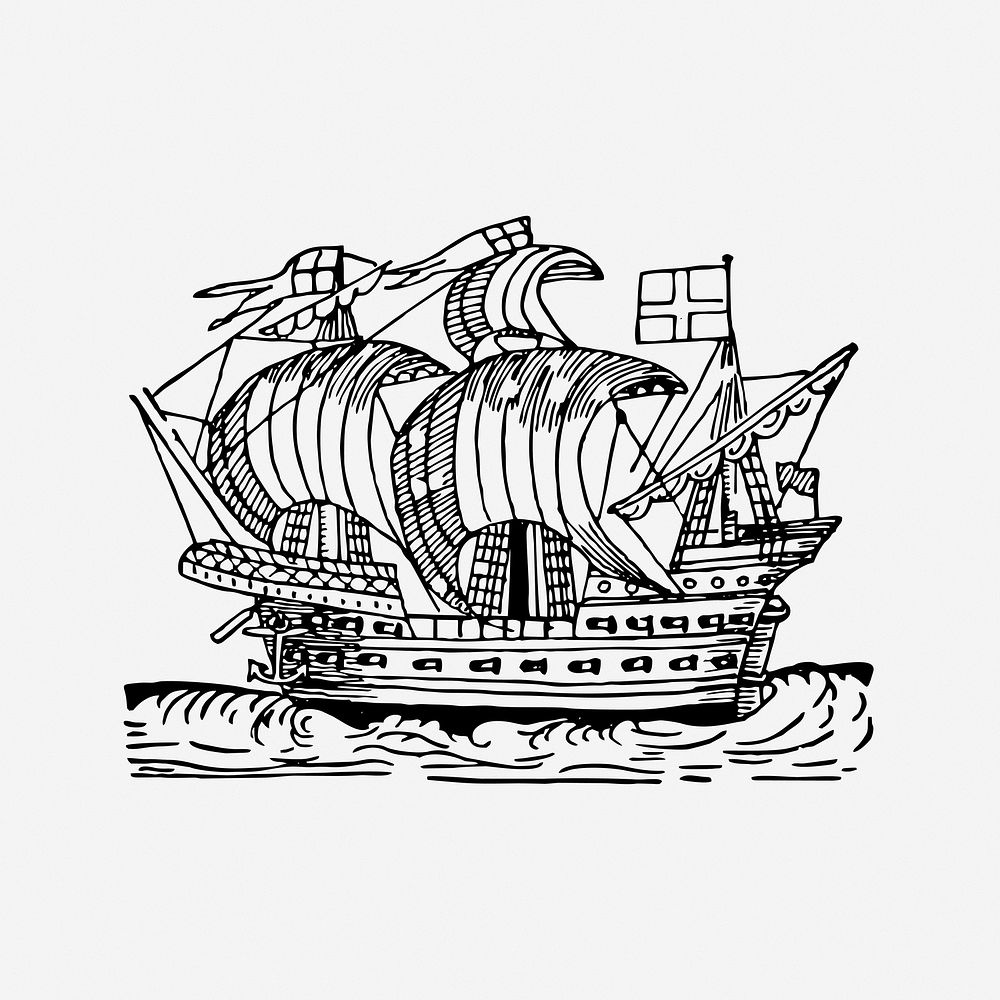 Tall ship, drawing illustration. Free public domain CC0 image.