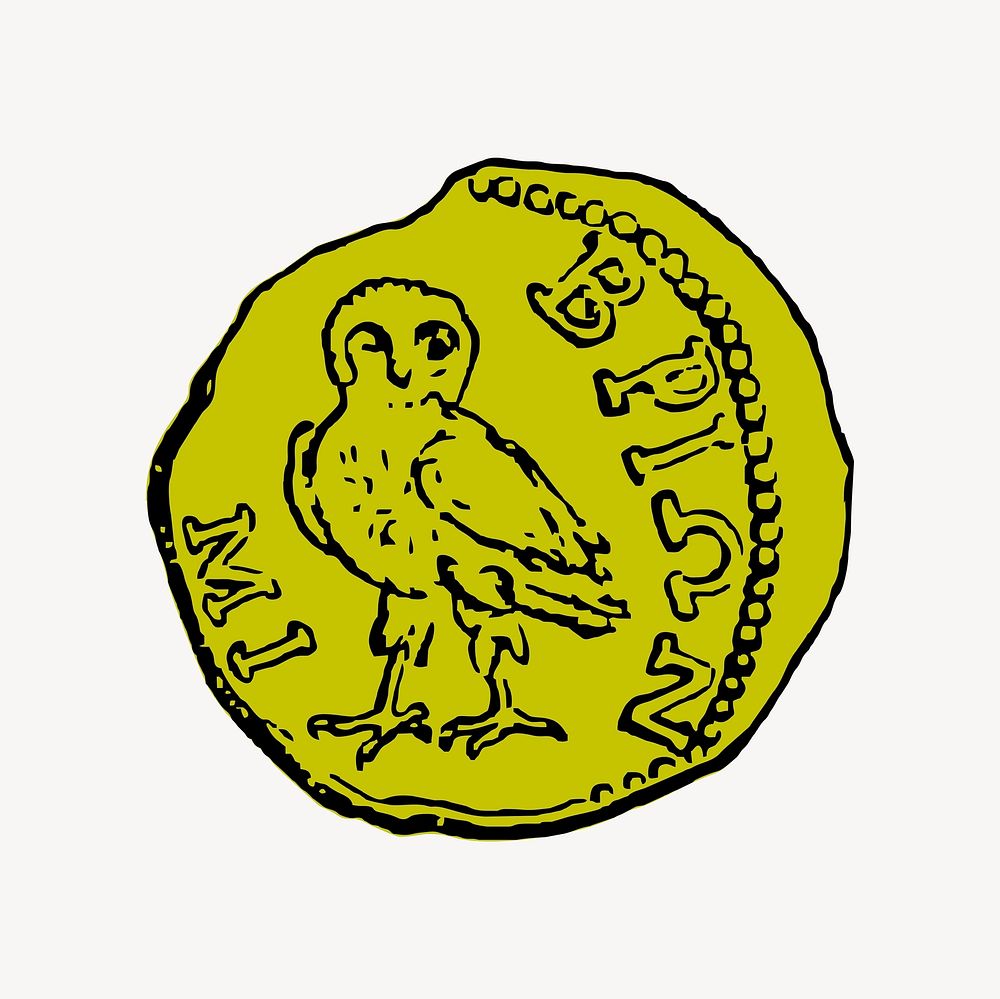 Ancient coin clipart, drawing illustration vector. Free public domain CC0 image.