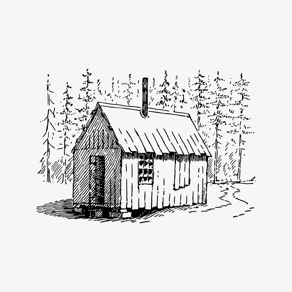 Cabin in forest clipart, drawing illustration vector. Free public domain CC0 image.