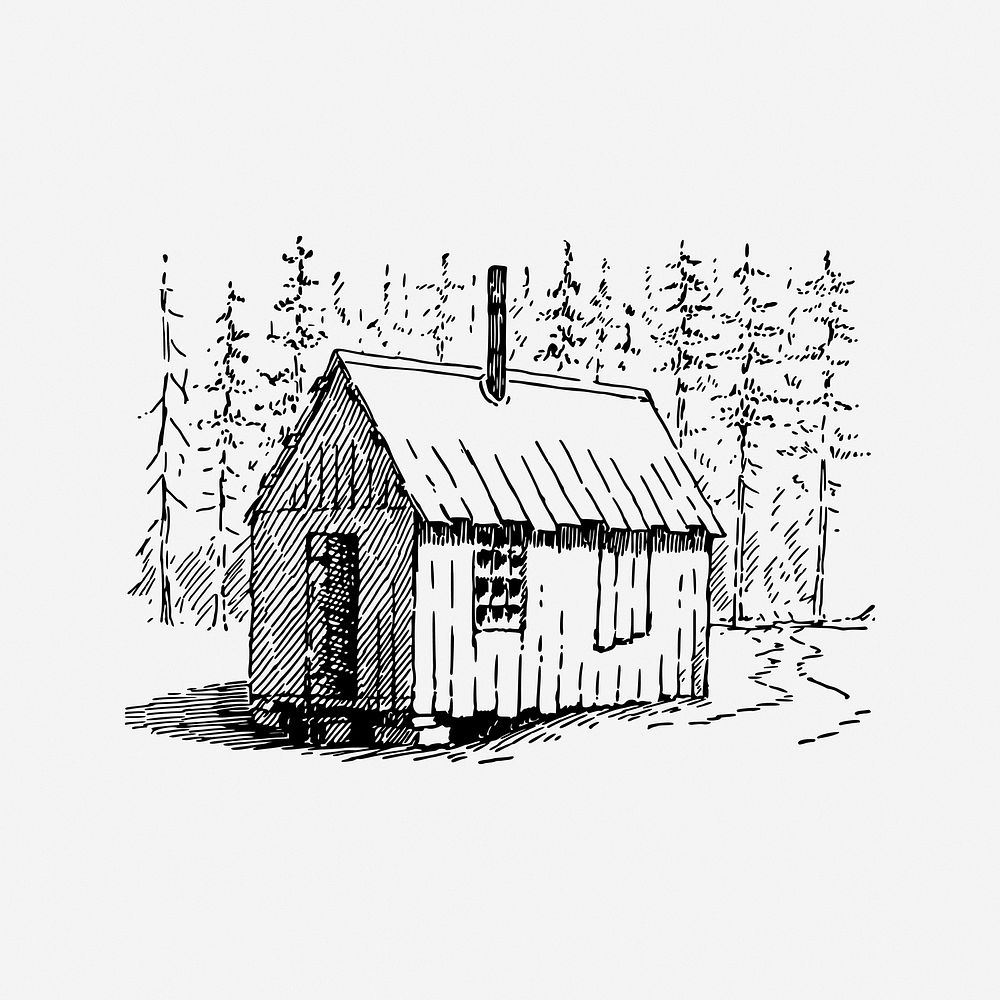 Cabin in forest, drawing illustration. Free public domain CC0 image.