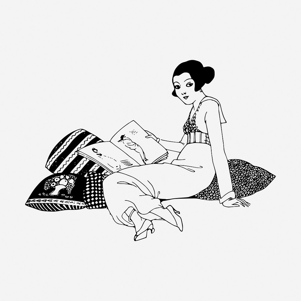 Woman reading, drawing illustration. Free public domain CC0 image.