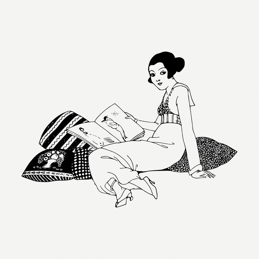 Woman reading collage element, vintage illustration psd. Free public domain CC0 image.