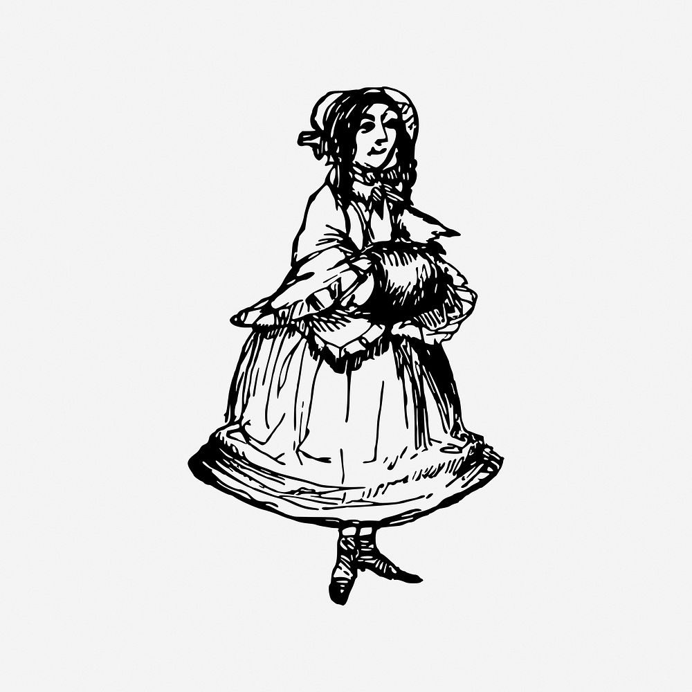 Woman with muff, drawing illustration. Free public domain CC0 image.