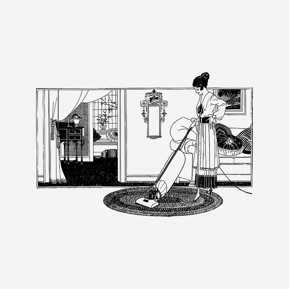 Woman vacuuming collage element, vintage illustration psd. Free public domain CC0 image.