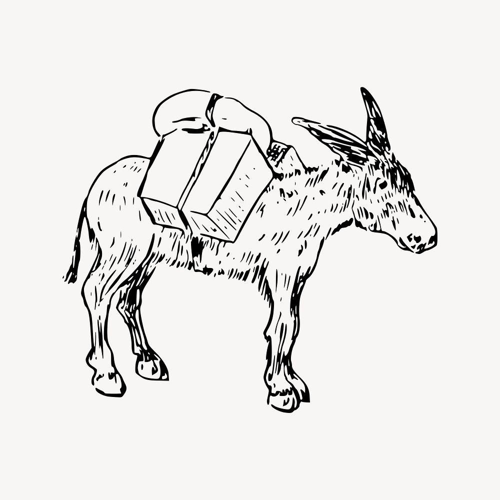 Donkey with luggage clipart, drawing illustration vector. Free public domain CC0 image.